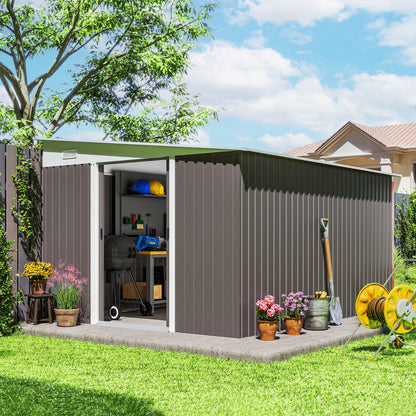 Outsunny 11.3 x 9.2ft Lean to Metal Garden Shed, Waterproof Outdoor Tool & Bike Storage Shed Galvanised with Lockable Double Sliding Doors, Pent Roof and 2 Air Vents, Grey