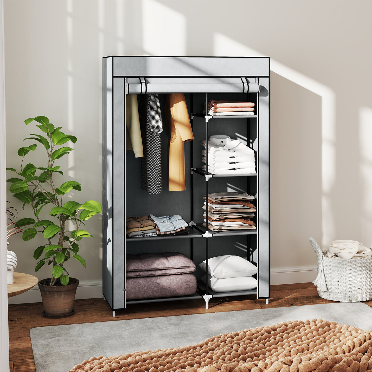 HOMCOM Fabric Wardrobe w/ Shelves Hanging Rail Foldable Wardrobe Light Grey