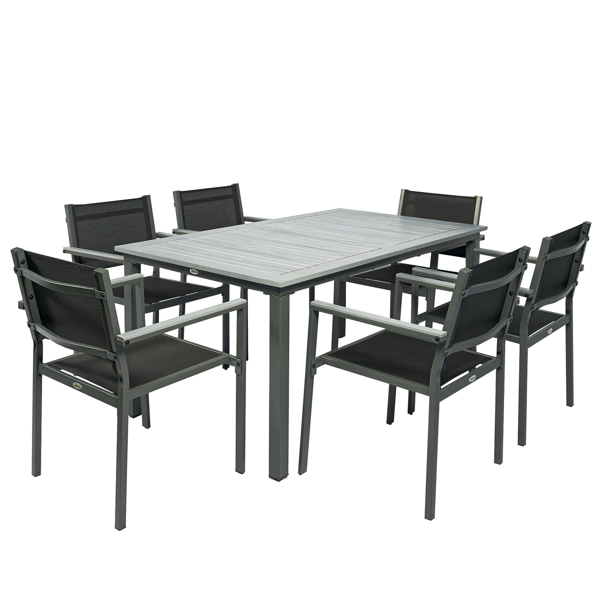 Outsunny Garden Dining Set with Acacia Wood Table Top, Outdoor Table and Stackable Chairs Set for 6 with Texteline Seat, Grey