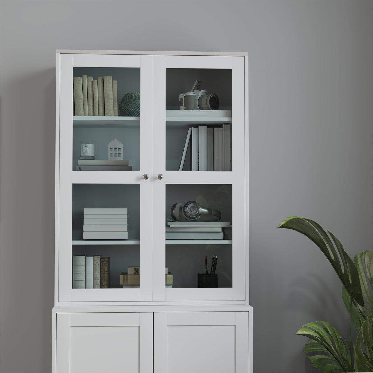 HOMCOM Double Storage Display Cabinet with Adjustable Shelves, MDF - White