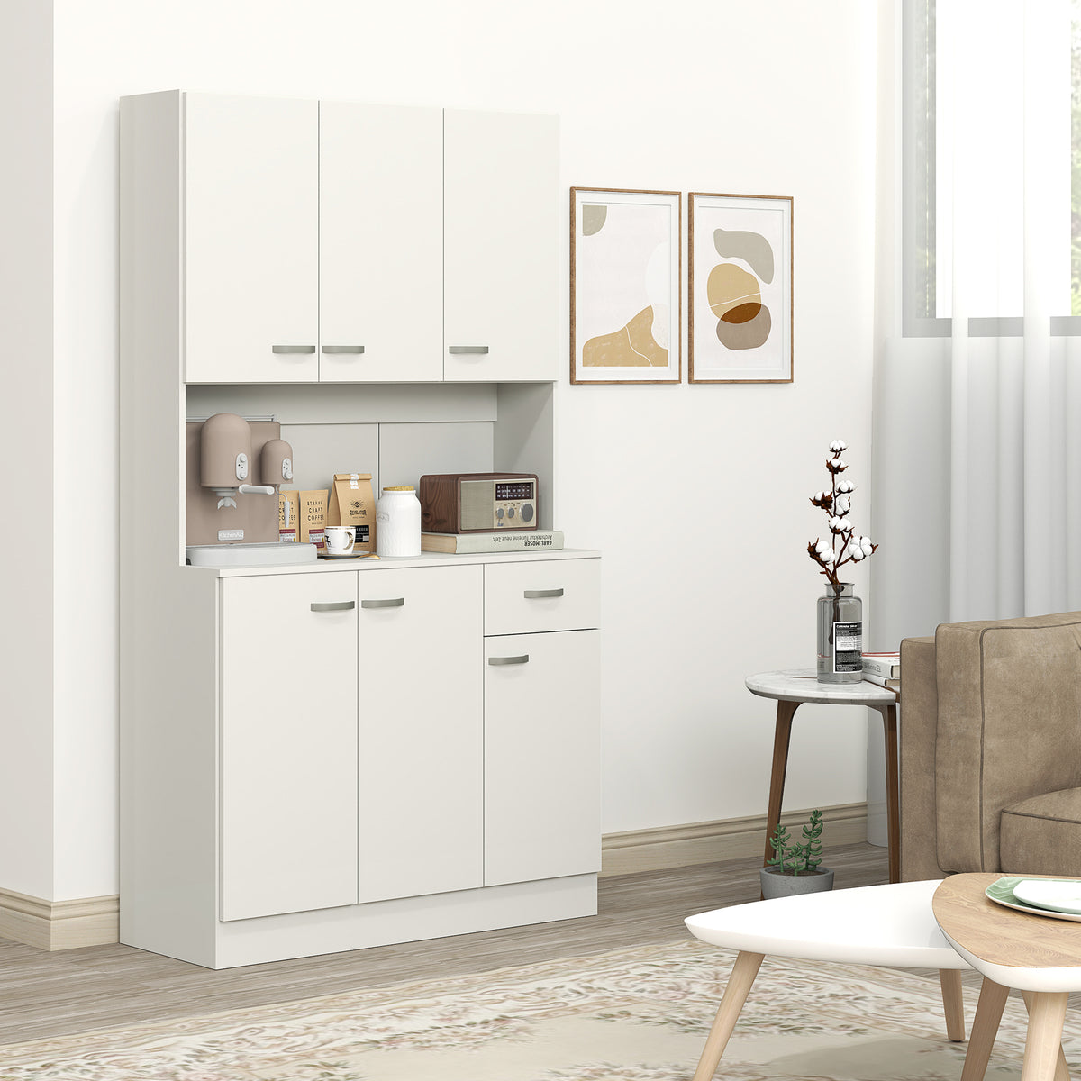 HOMCOM Freestanding Kitchen Pantry Storage Cabinet with Adjustable Shelves & Middle Worktop - White