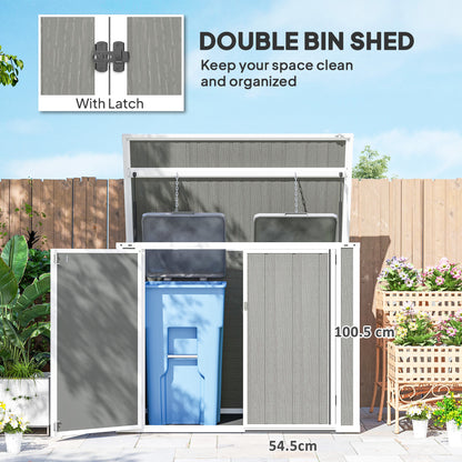 Outsunny 4.7 x 2.5FT Garden Shed, Double Bin Storage Shed with Lockable Doors, Outdoor Small Shed with Openable Lid for 2 Rubbish Bins, Garden Tools, Grey
