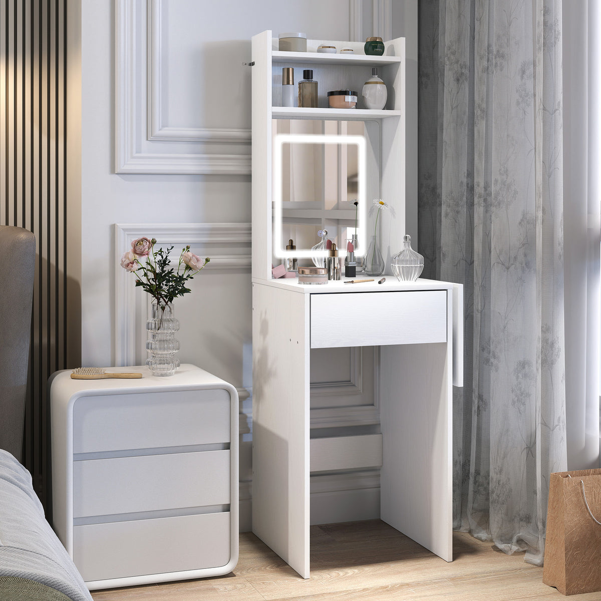 HOMCOM Small Vanity Desk with Mirror and LED Lights, Compact Dressing Table with Drop Leaf, Open Shelves and Drawer, White