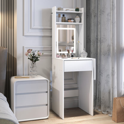 HOMCOM Small Vanity Desk with Mirror and LED Lights, Compact Dressing Table with Drop Leaf, Open Shelves and Drawer, White