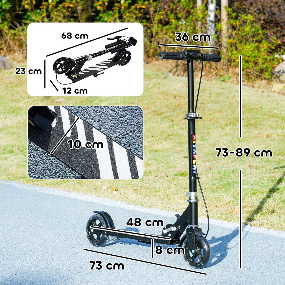 AIYAPLAY Scooter for Kids Aged 3-8 Years, with Adjustable Handle, Two Light Up Wheels, Handbrake, Rear Brake, Black