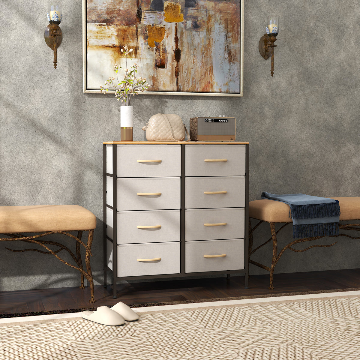 HOMCOM Fabric Chest of Drawers, Industrial Bedroom Dresser with 8 Fabric Drawers, Steel Frame and Wooden Top for Nursery, Living Room, Hallway, Cream White