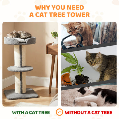 PawHut 91cm Cat Tree, Cat Tower with Scratching Post, Bed, Perch, Removable Cushion for Indoor Kittens, Grey