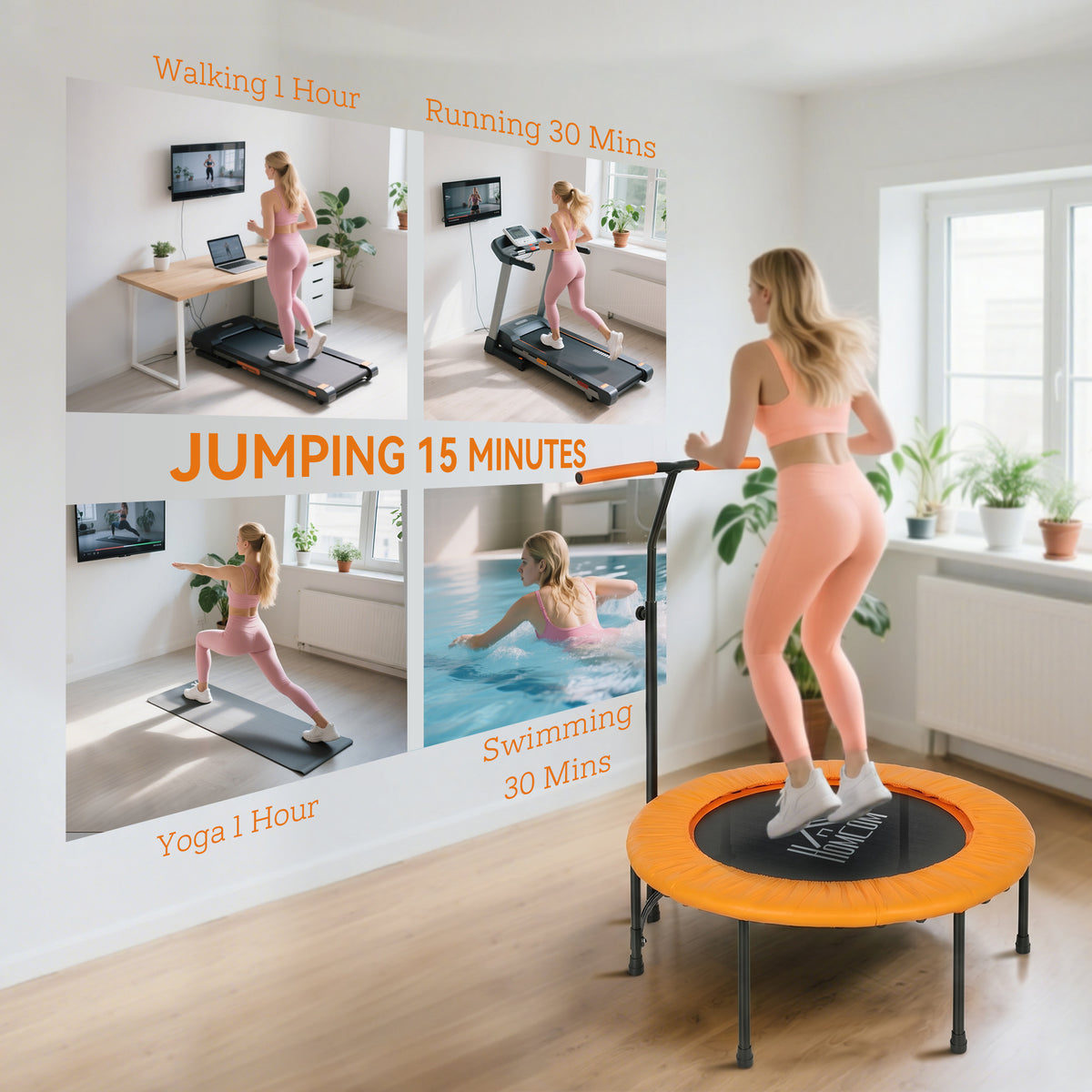 HOMCOM 40" Fitness Trampoline with Adjustable Handle, Rebounder Trampoline, Mini Jumper for Indoor Exercise Workout, Orange