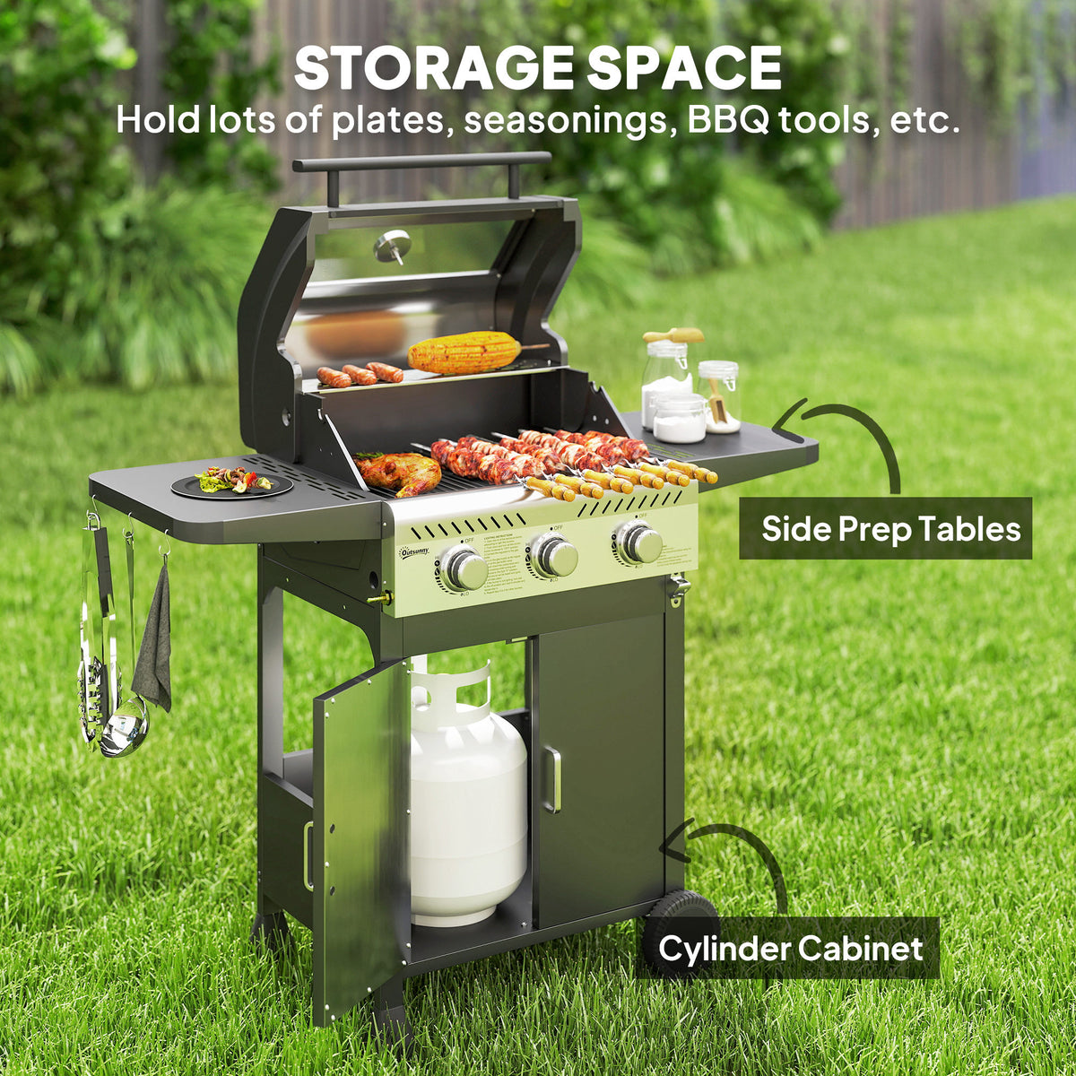 Outsunny 7.5kW Three-Burner Gas BBQ Grill, with See-Through Lid - Black