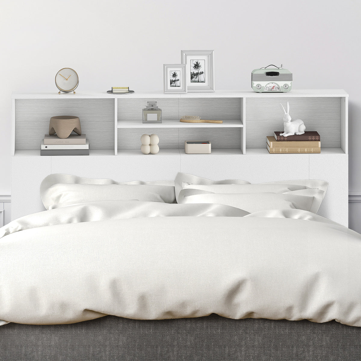 HOMCOM King-Size Headboard with Storage, Freestanding Bed Headboard with 4 Open Compartments for Bedroom, White