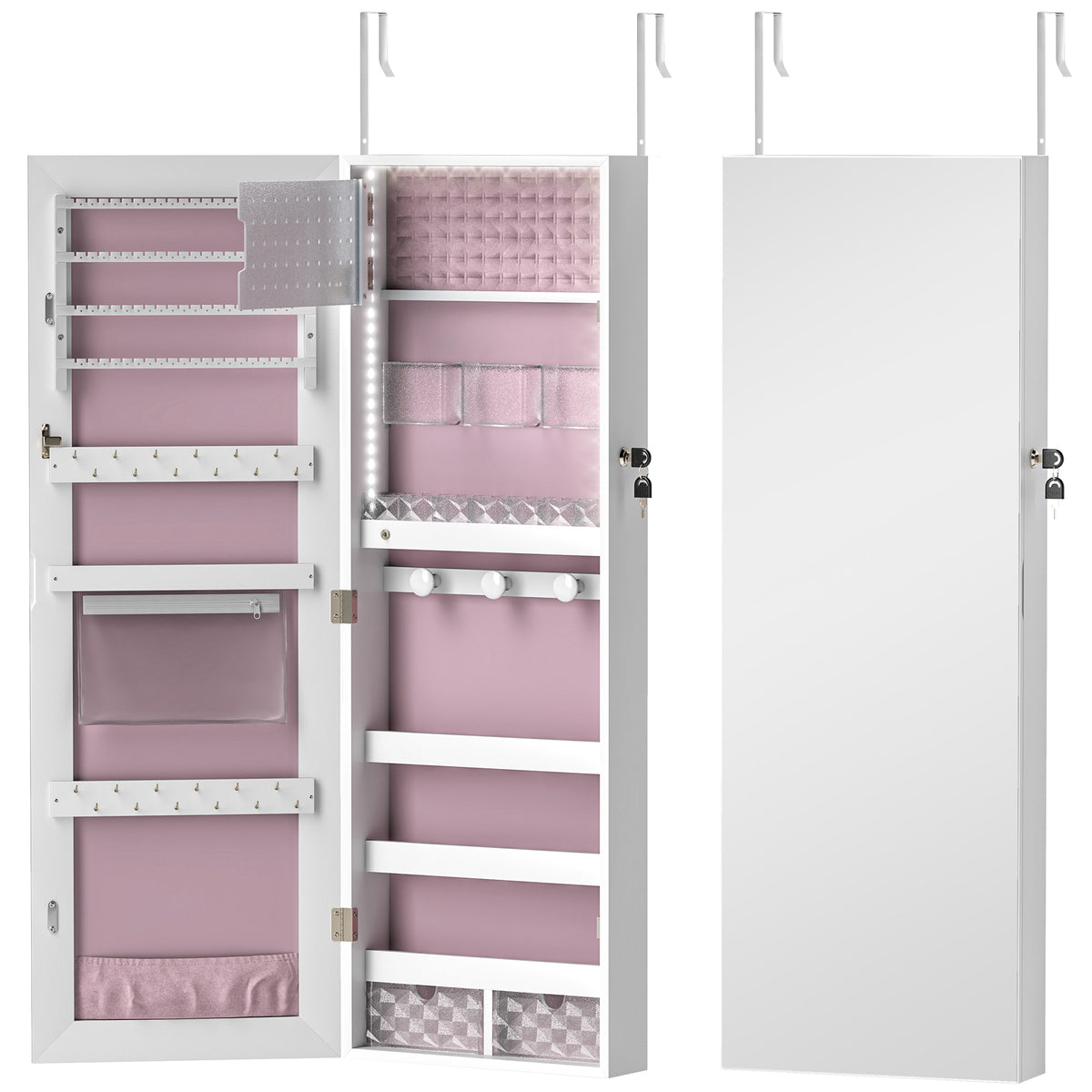 HOMCOM 108 x 37cm Lockable Jewellery Cabinet, with LED Lights - White Surface and Pink Lining
