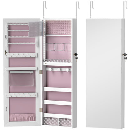 HOMCOM 108 x 37cm Lockable Jewellery Cabinet, with LED Lights - White Surface and Pink Lining