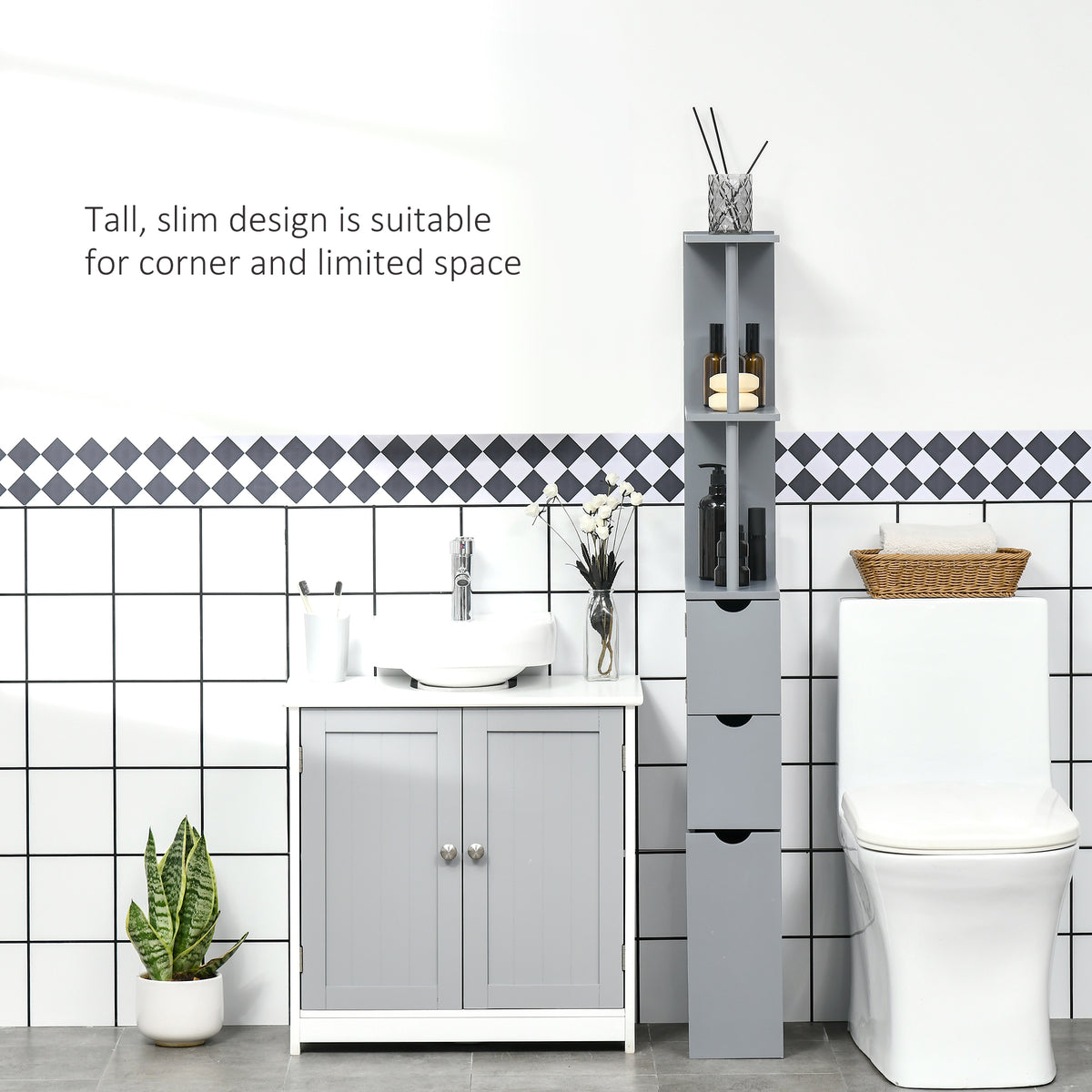 HOMCOM Tall Bathroom Cabinet, Freestanding Slim Bathroom Storage Cabinet with 2-Tier Open Shelf and 2 Drawers for Small Space, Narrow Cupboard Storage Unit, Grey