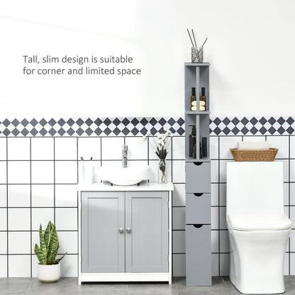 HOMCOM Tall Bathroom Cabinet, Freestanding Slim Bathroom Storage Cabinet with 2-Tier Open Shelf and 2 Drawers for Small Space, Narrow Cupboard Storage Unit, Grey