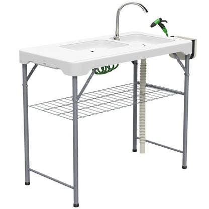 Outsunny Folding Fish Cleaning Table with Sinks, Portable Camping Sink Table with Faucet, Drainage Hose