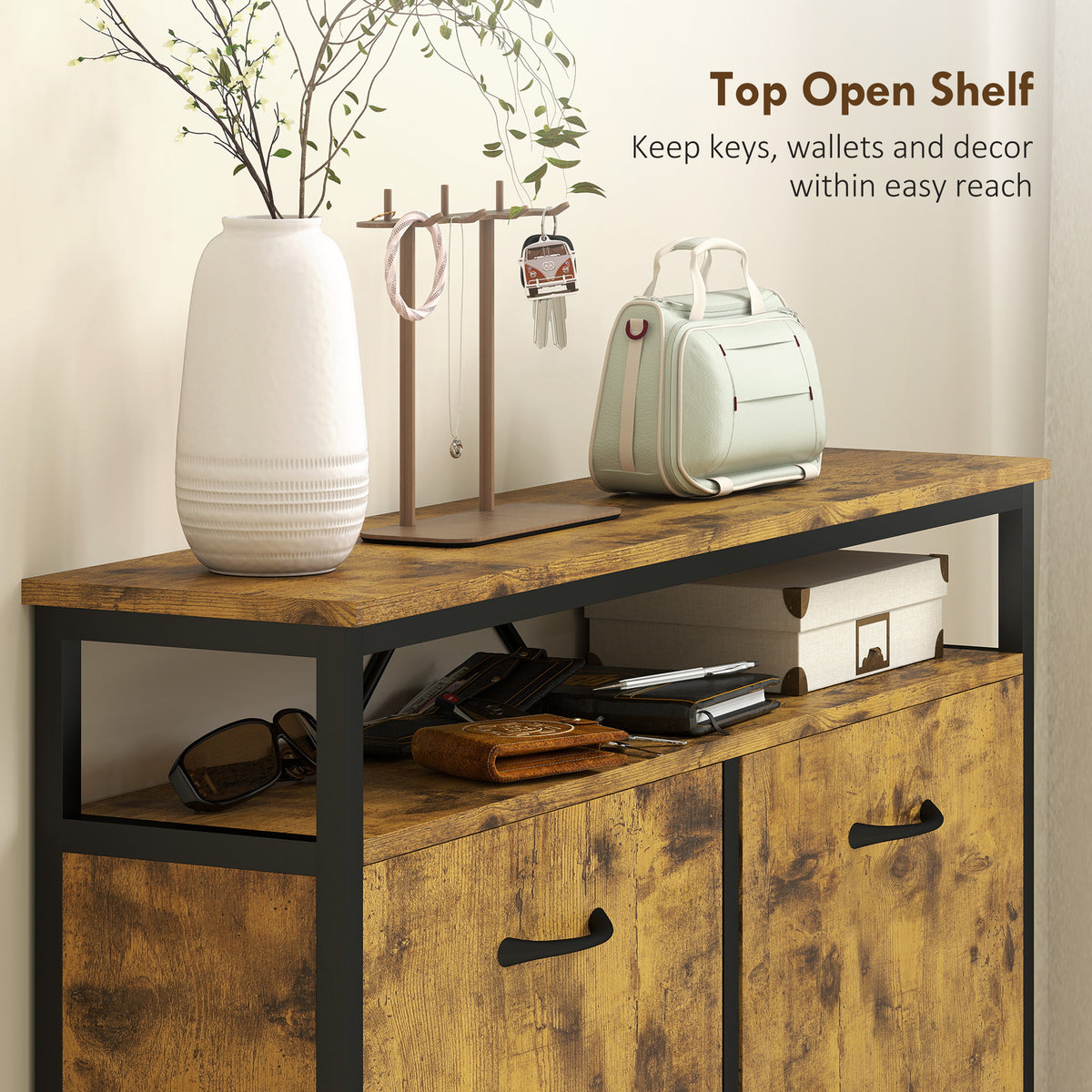 HOMCOM Shoe Storage Cabinet with 4 Flip Drawers and Open Shelf - Rustic Brown