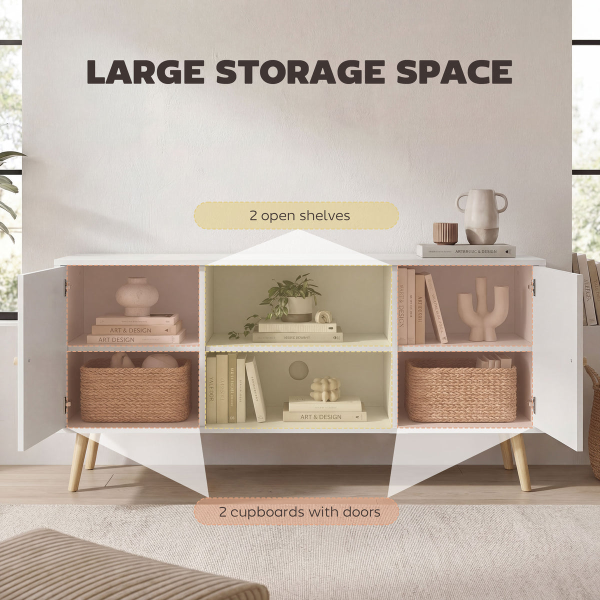 HOMCOM TV Stand Cabinet up to 55 Inches, TV Unit with Storage Shelves and Wood Legs for Living Room, Bedroom, White