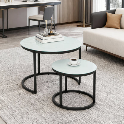 HOMCOM Glass Coffee Table Set of 2, Round Nest of Tables with Marble-Effect Tempered Glass Tabletop and Steel Frame, Modern Side Tables for Living Room, White