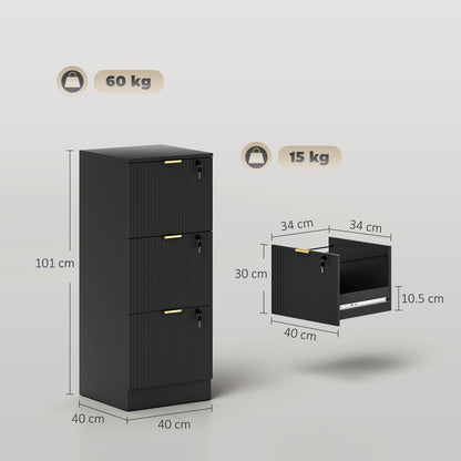 HOMCOM Filing Cabinet, Fluted Vertical File Cabinet with 3 Lockable Drawers and Hanging Rails, Black