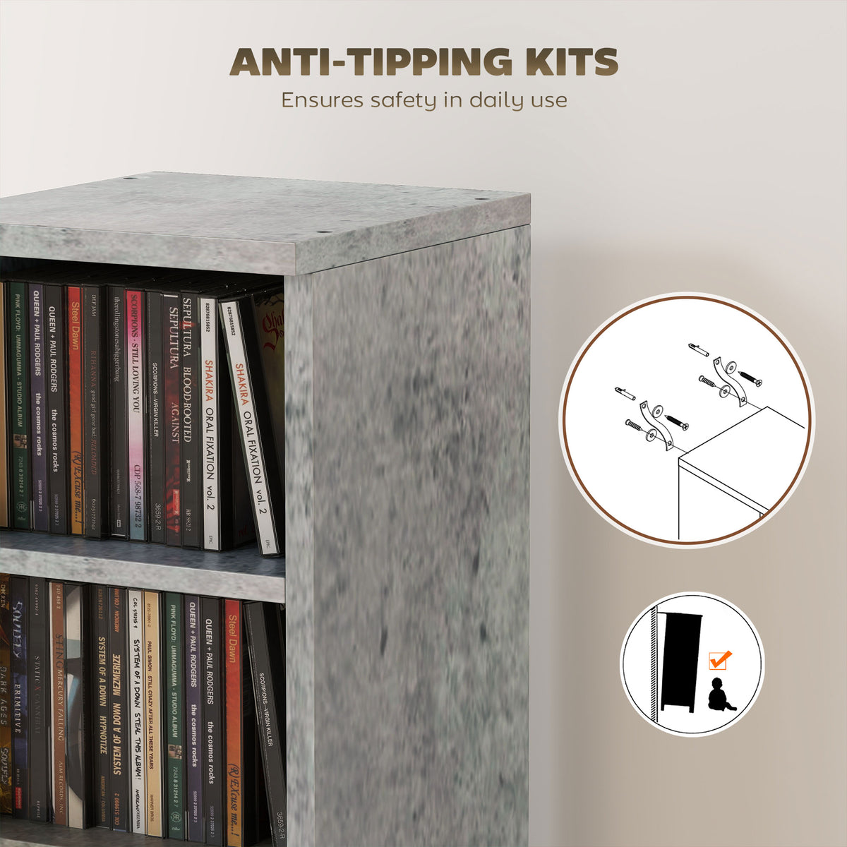 HOMCOM Set of 2 CD Media Display Shelf Unit Tower Rack with Adjustable Shelves, Cement Grey