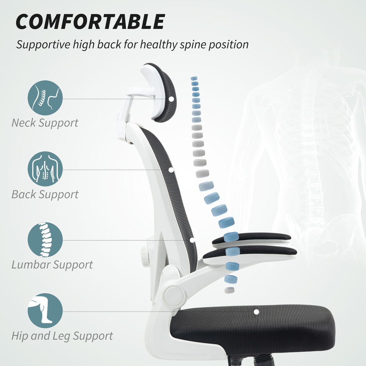 HOMCOM Executive Office Chair, Ergonomic Mesh High Back Desk Chair with Flip-up Armrest, Rotatable Headrest, Adjustable Lumbar Support for Home Study, Black