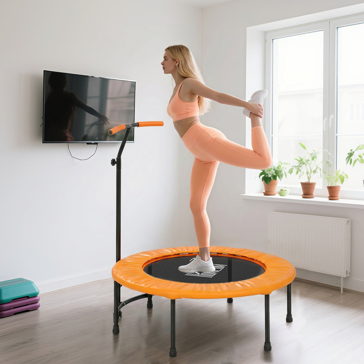 HOMCOM 40" Fitness Trampoline with Adjustable Handle, Rebounder Trampoline, Mini Jumper for Indoor Exercise Workout, Orange
