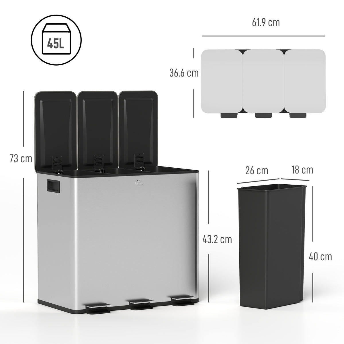 HOMCOM 3 x 15L Pedal Bin, Steel Triple Kitchen Bin with Soft Close Lid, Removable Inner Buckets, Fingerprint-Proof, Silver Tone