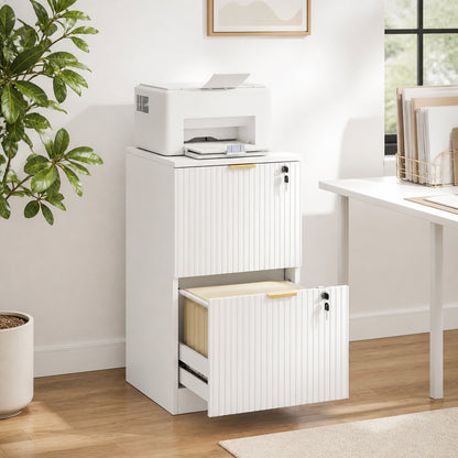 HOMCOM Filing Cabinet, Fluted Vertical File Cabinet with 2 Lockable Drawers and Hanging Rails, White