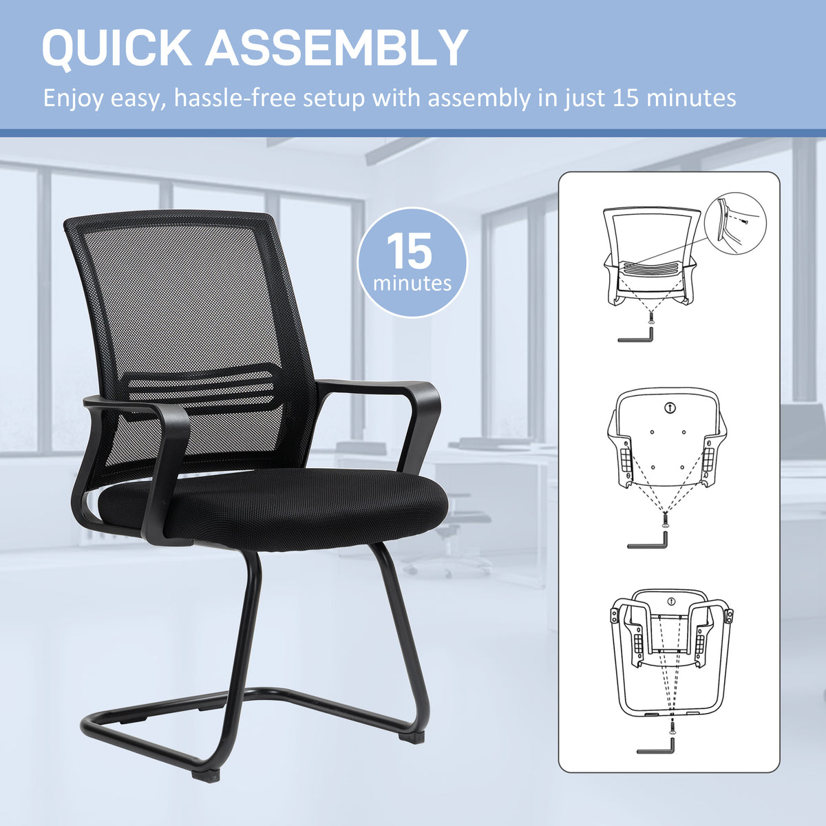 HOMCOM Ergonomic Desk Chair No Wheels, Padded Meeting Office Chair with Sled Base for Bedroom, Waiting, Reception, Black