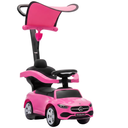 AIYAPLAY 3 in 1 Licensed Benz Ride on Push Car with Handle, Canopy, Guardrails, Horn, Music, Storage for 12-36 Months, Pink
