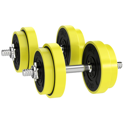 HOMCOM 20KGS 2-In-1 Dumbbell & Barbell Adjustable Set Strength Muscle Exercise Fitness Plate Bar Clamp Rod Home Gym Sports Area, Yellow