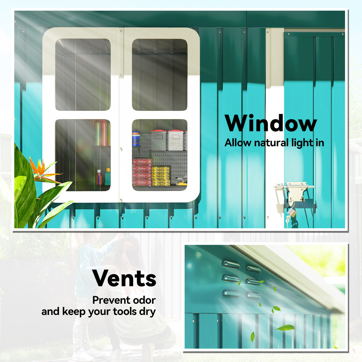 Outsunny 7 x 4ft Galvanised Steel Garden Shed, with Lock, Gloves and Foundation Kit  - Green