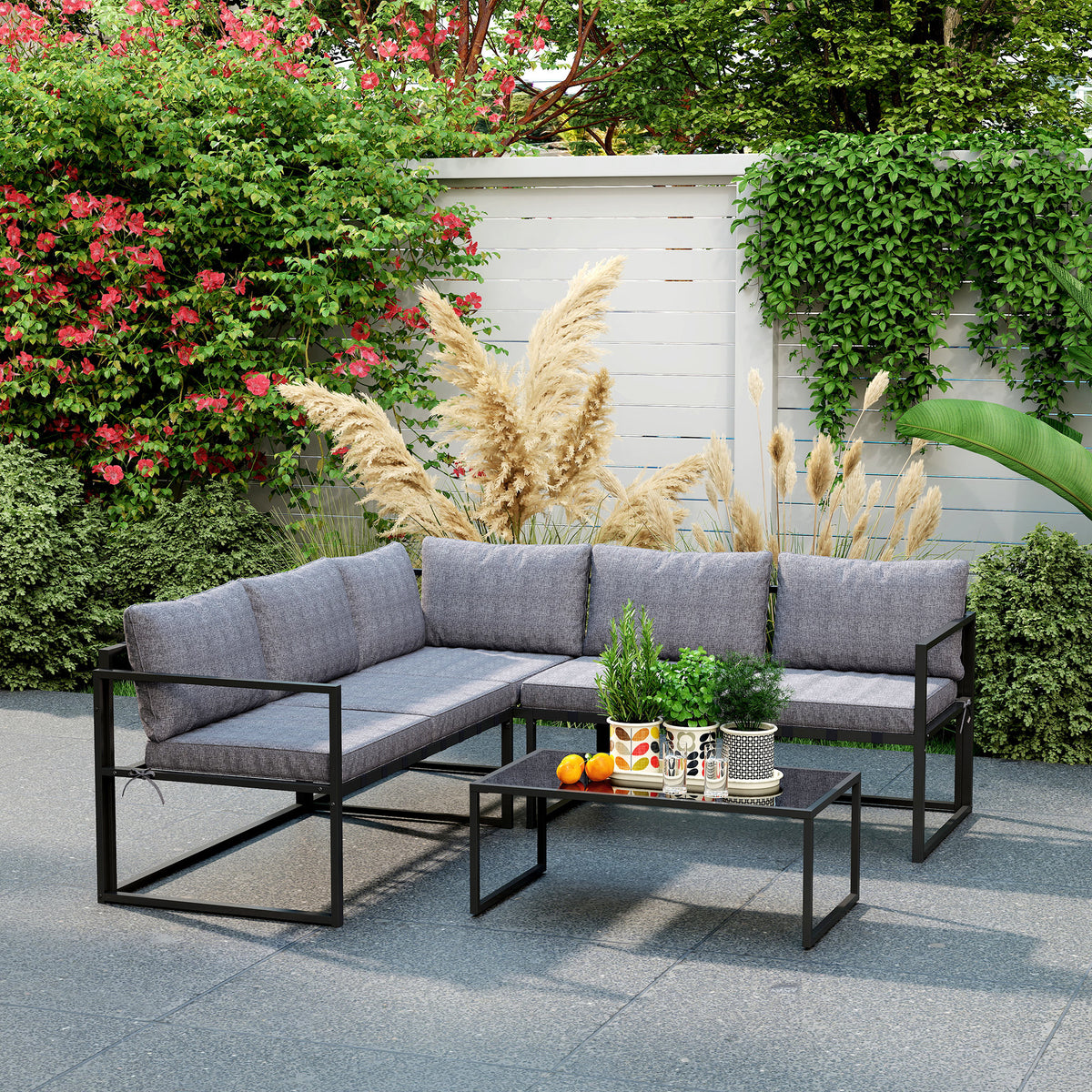 Outsunny Three-Piece L Shaped Garden Furniture Set with Cushions - Grey