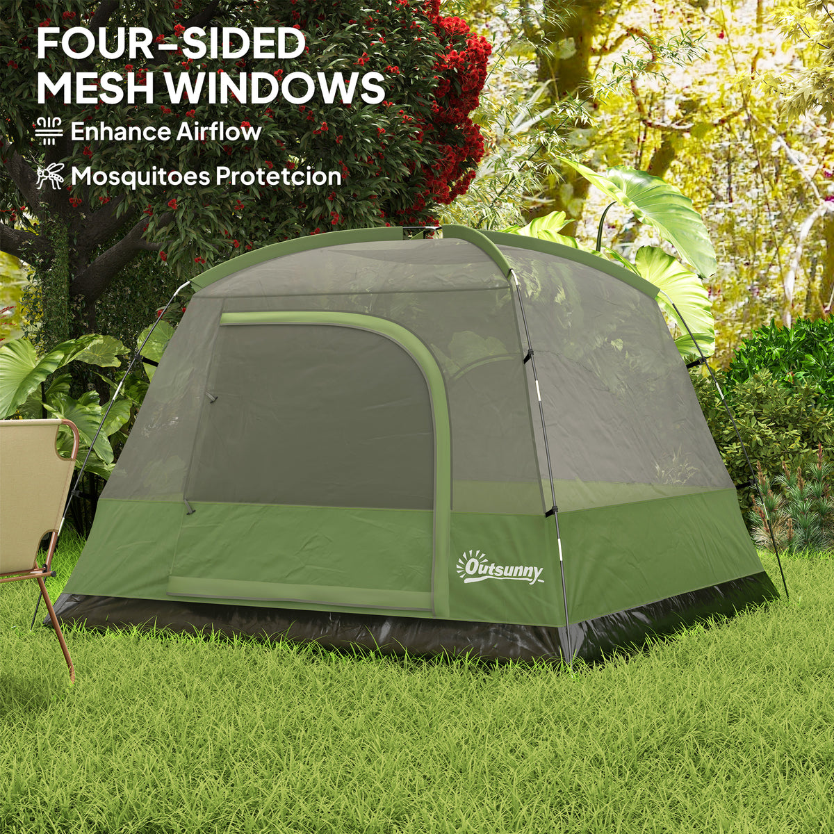 Outsunny Camping Tent, Easy Set Up 2-3 Man Tent with Sewn-in Groundsheet, 3000 mm Dome Tent w/ Mesh Windows, Olive Green and Grey