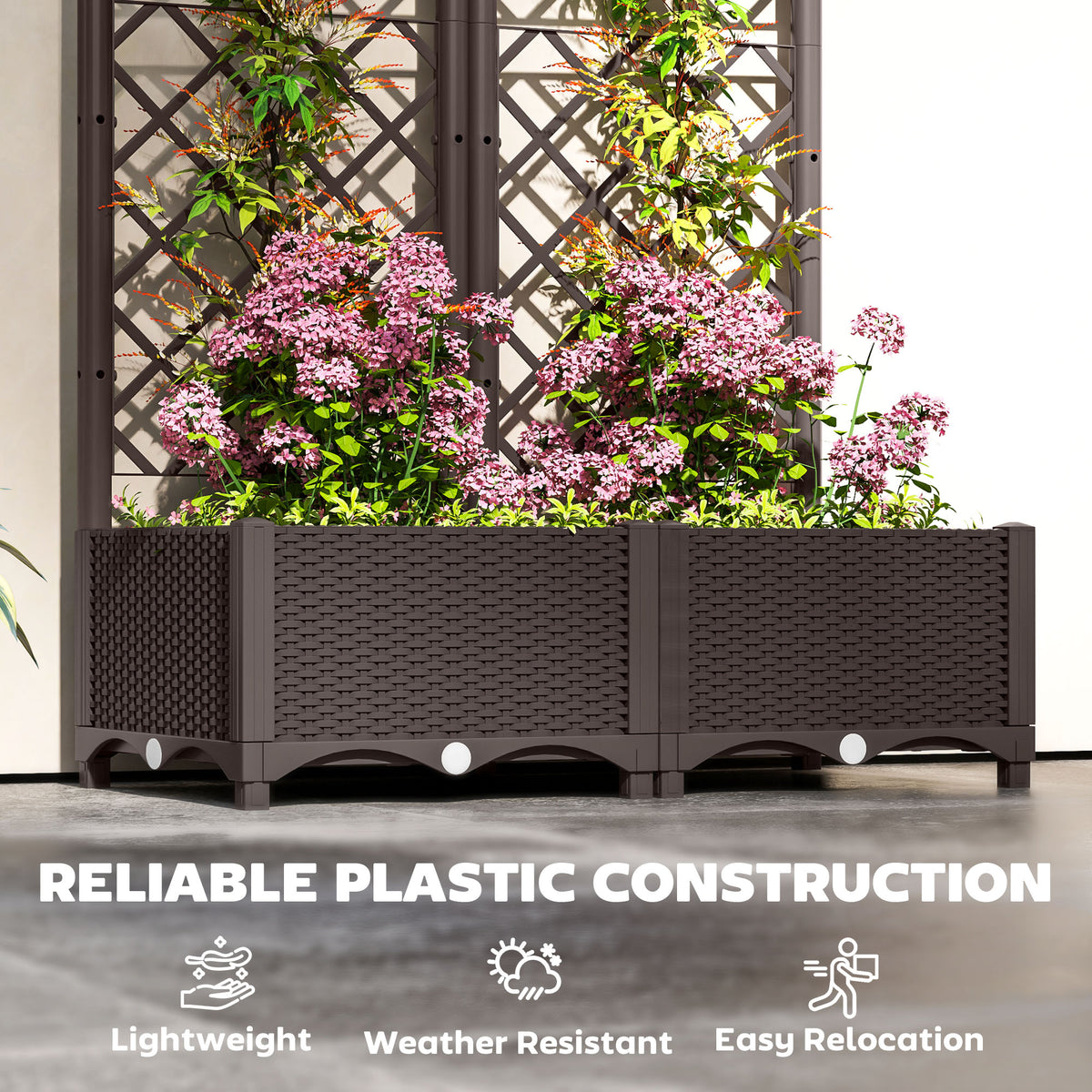 Outsunny Raised Garden Bed with Trellis, Plastic Planter Box with Drainage Holes, Drain Plugs and Water Reservoirs for Climbing Plants, Vegetables, Flowers, Brown