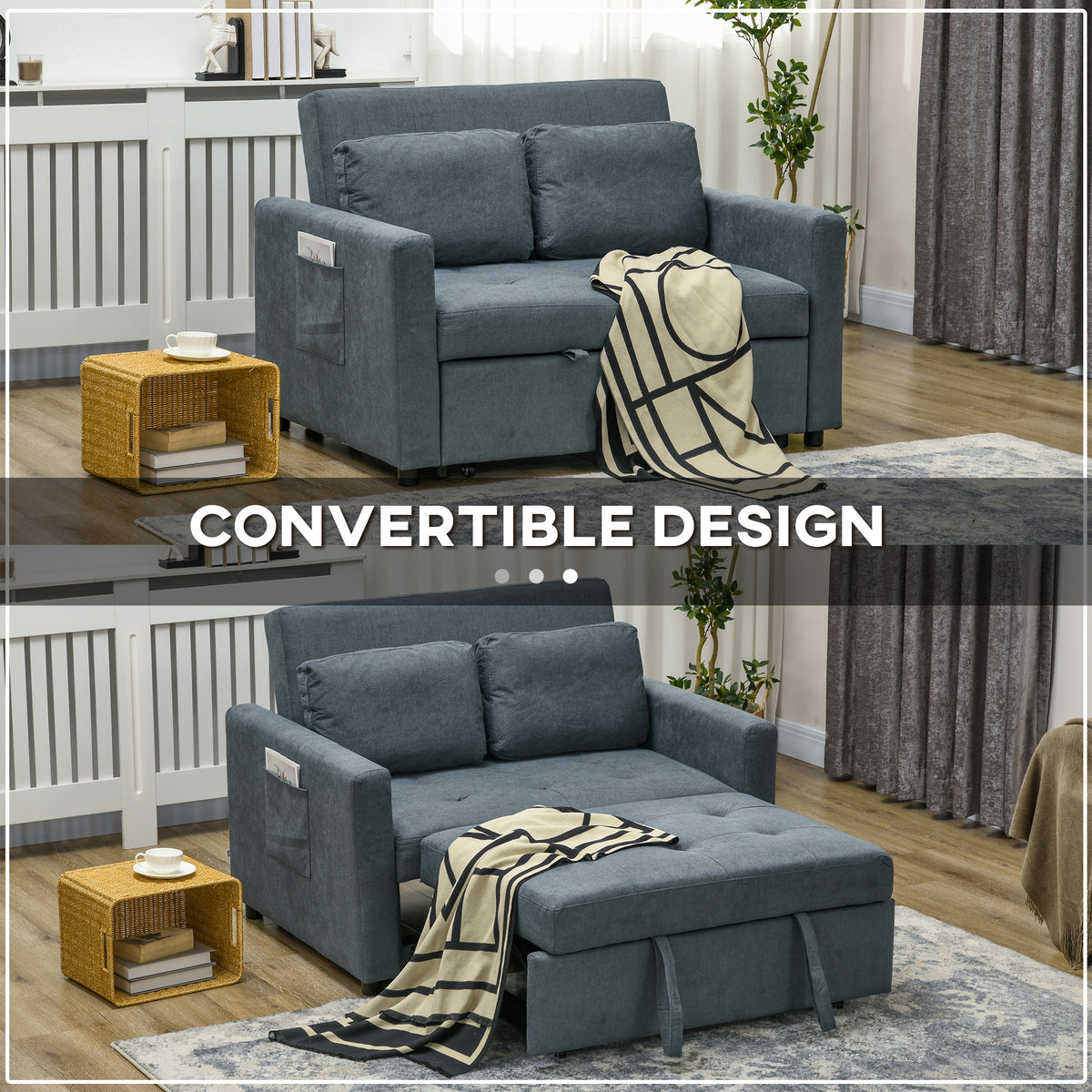 HOMCOM Loveseat Sofa Bed, Convertible Bed Settee with 2 Pillows, Side Pockets, Charcoal Grey