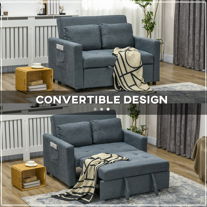 HOMCOM Loveseat Sofa Bed, Convertible Bed Settee with 2 Pillows, Side Pockets, Charcoal Grey