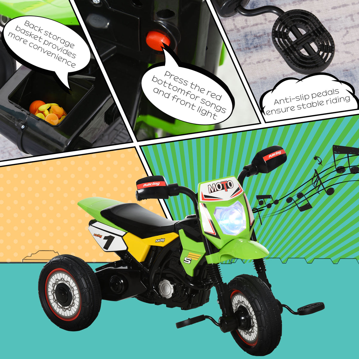 HOMCOM Trike for Kids, Toddler Pedal Motorcycle, Kids Ride On Tricycle Early Learning w/ Music Lights Handlebar Stickers Exercise Boys Girls Gift for 18 - 36 Months Green