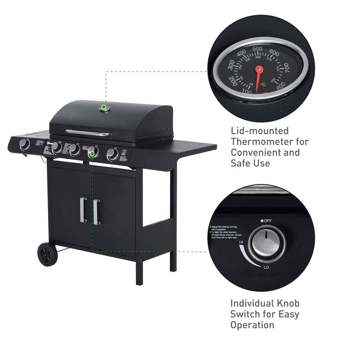 Outsunny 4+1 Burner Gas BBQ Grill, Outdoor Barbecue Trolley with Wheels, Warming Rack, Side Shelves, Cabinet, Thermometer for Garden, Party, Camping, 125 L x 51 W x 100 H cm, Black