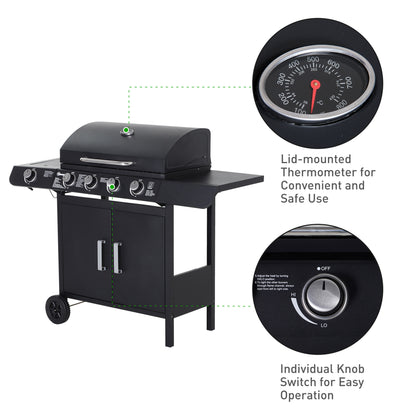 Outsunny 4+1 Burner Gas BBQ Grill, Outdoor Barbecue Trolley with Wheels, Warming Rack, Side Shelves, Cabinet, Thermometer for Garden, Party, Camping, 125 L x 51 W x 100 H cm, Black