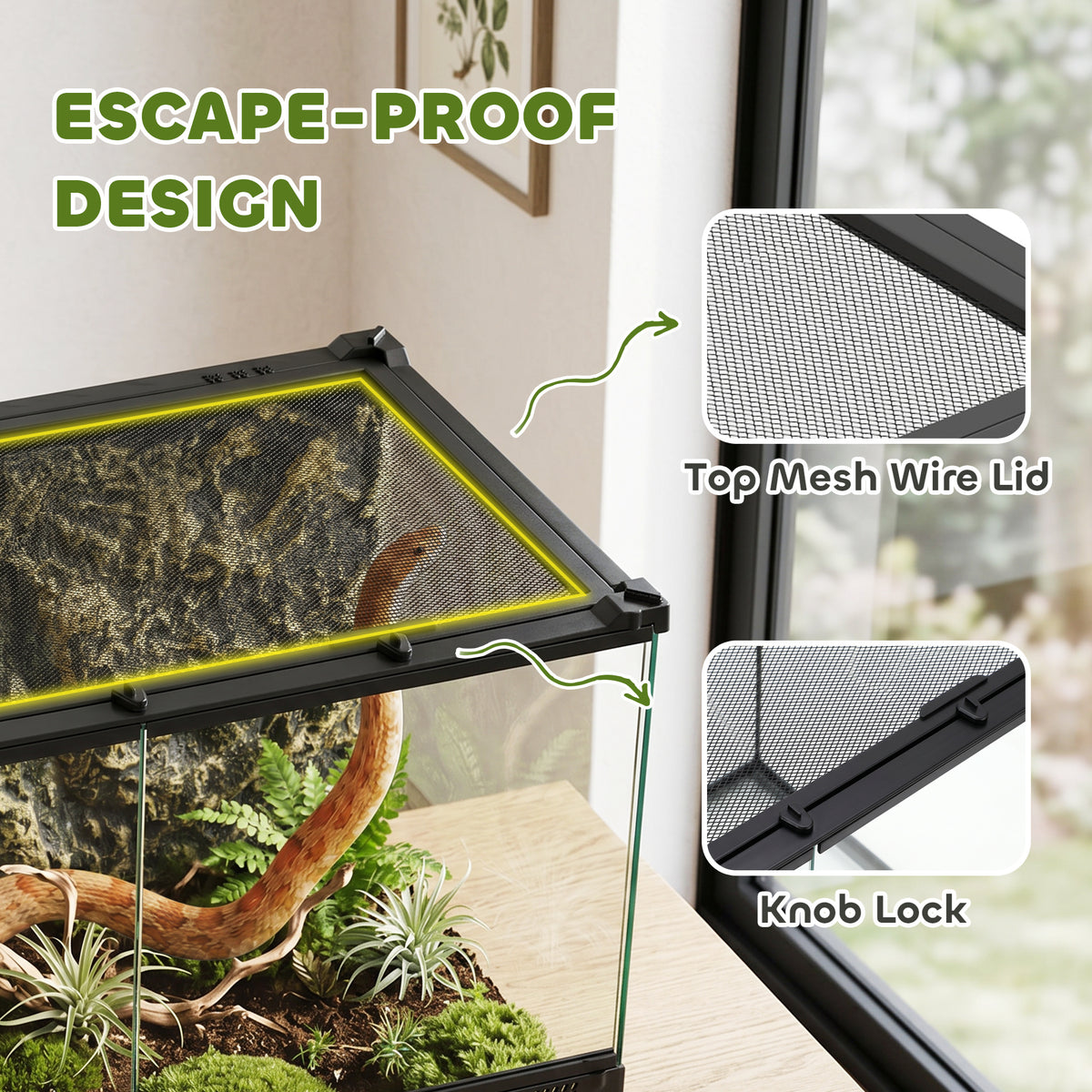PawHut Reptile Glass Terrarium with Stone Background, Front Ventilation, Escape-Proof Knob Lock, 50 x 30 x 35 cm, Black