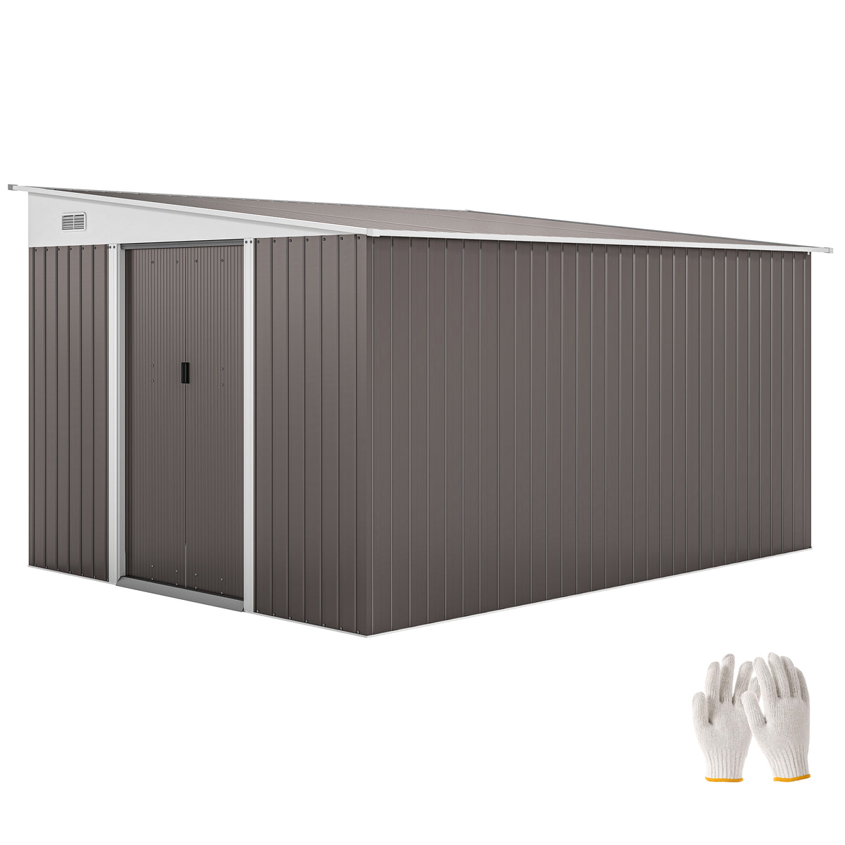 Outsunny 11.3 x 9.2ft Lean to Metal Garden Shed, Waterproof Outdoor Tool & Bike Storage Shed Galvanised with Lockable Double Sliding Doors, Pent Roof and 2 Air Vents, Grey