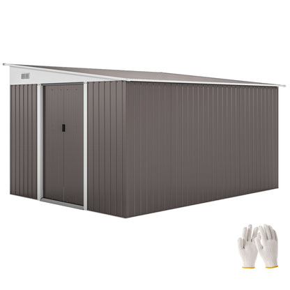 Outsunny 11.3 x 9.2ft Lean to Metal Garden Shed, Waterproof Outdoor Tool & Bike Storage Shed Galvanised with Lockable Double Sliding Doors, Pent Roof and 2 Air Vents, Grey