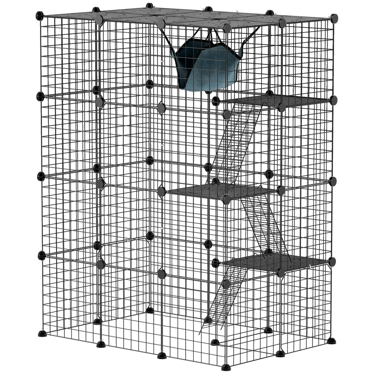 PawHut Four-Tier DIY Large Cat Cage with Hammock, Ramps, Five Doors, Indoor Use for 1-3 Cats, Black