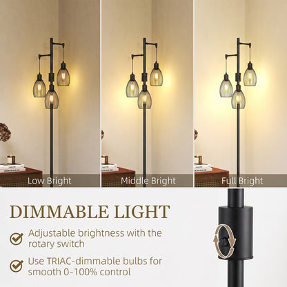 HOMCOM 3-Light Floor Lamp, 170cm Industrial Dimmable Standing Lamp with Steel Wire Cage Lampshades for Living Room, Bedroom, Dining Room, Study, Bulb Not Included, Black