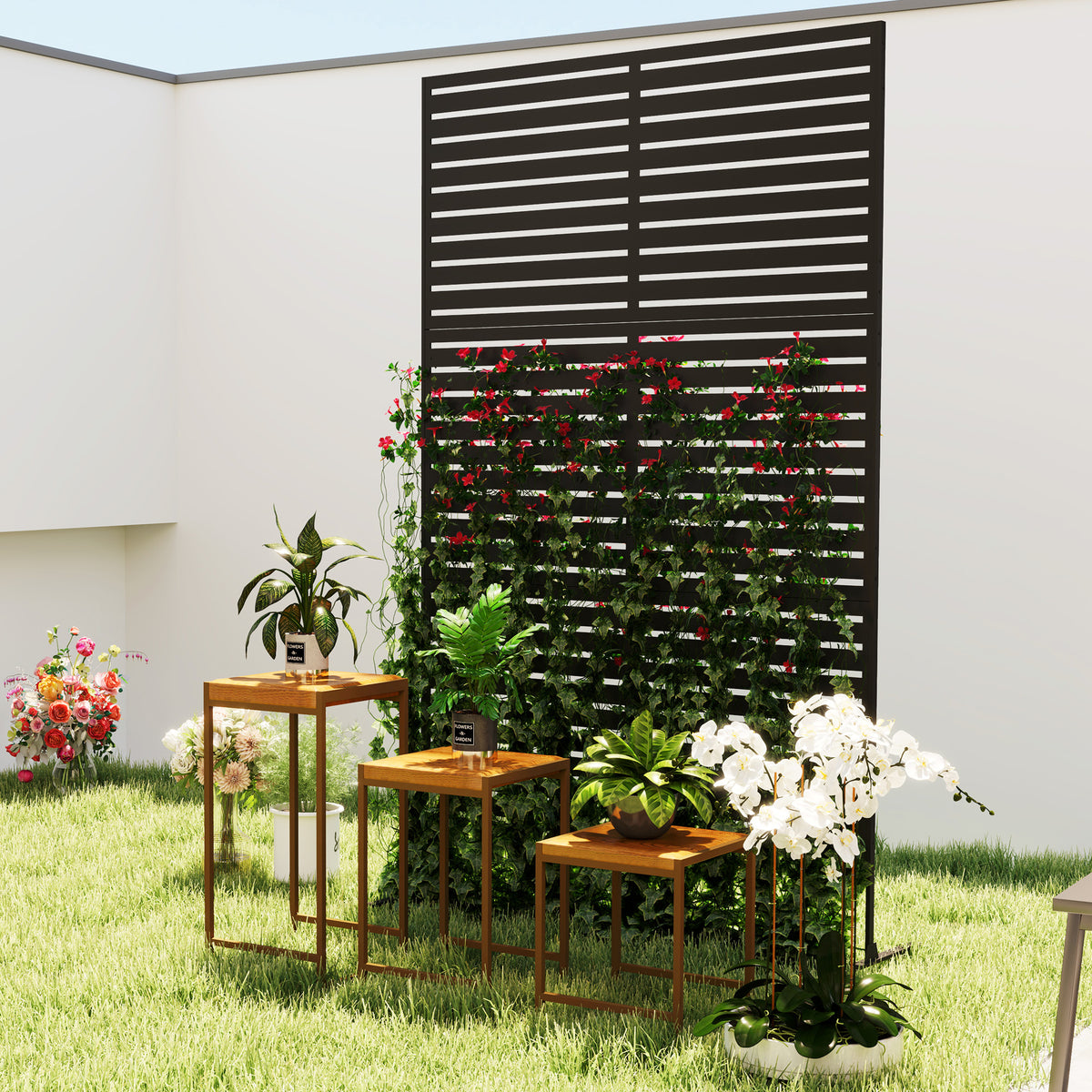 Outsunny Decorative Privacy Fence Screen, Metal Outdoor Privacy Screen Climbing Plant Trellis with Stand, 122 x 198 cm, Black