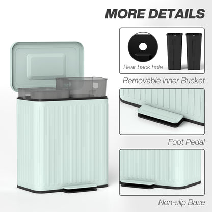 HOMCOM Dual Kitchen Bin, 2 x 20L Double Bin for Recycling and Waste, Fingerprint-proof Pedal Bin with Soft-Close Lid, Removable Inner Buckets, Green