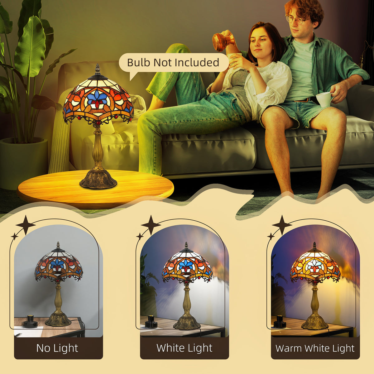 HOMCOM Tiffany Lamp, Stained Glass Table Lamp, Handcrafted Artisan Collectible, Suitable for Living Room and Bedside, Multi-Coloured, Ф25 x 45Hcm, Zinc Alloy.