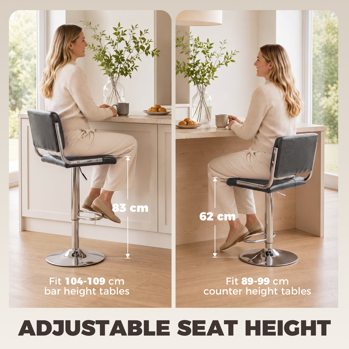 HOMCOM Bar Stools Modern PU Leather Adjustable Breakfast Bar Stools Backrest Set of 2 Grey