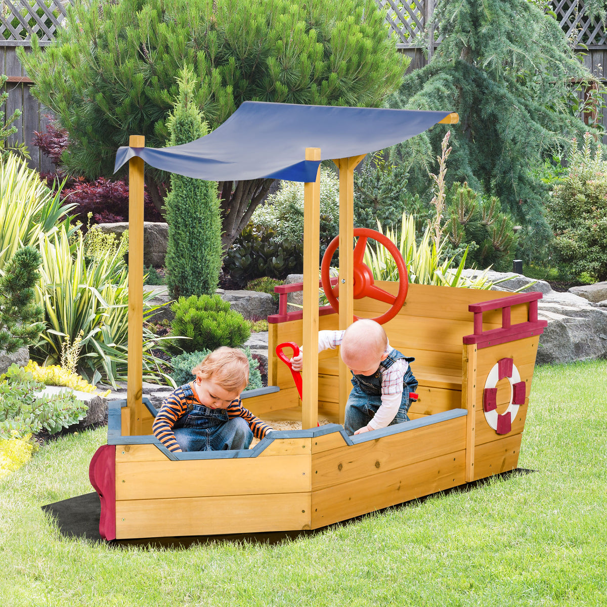 Outsunny Sand Pit, Kids Wooden Sandbox Pirate Ship, Sandboat Play Station with Canopy Shade, Storage Bench and Bottom Liner for Outdoor Garden